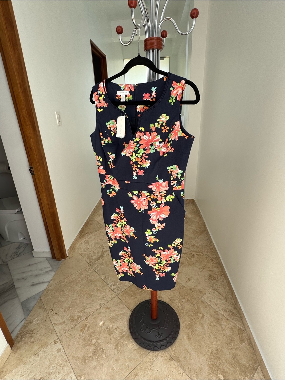 Charter Club Navy Midi Sheath Dress with Coral Floral Print